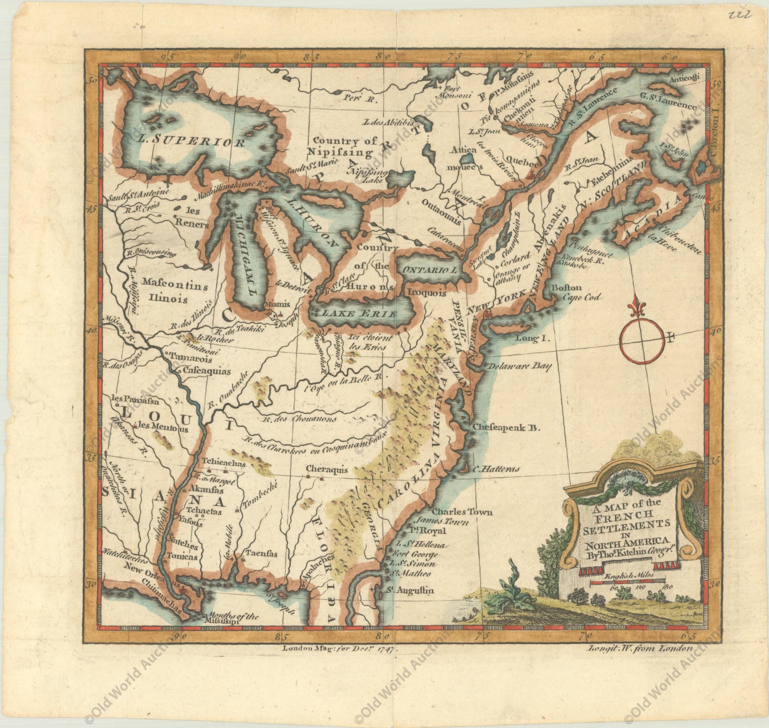 Certified Original 1747 Map of French Settlements in North America