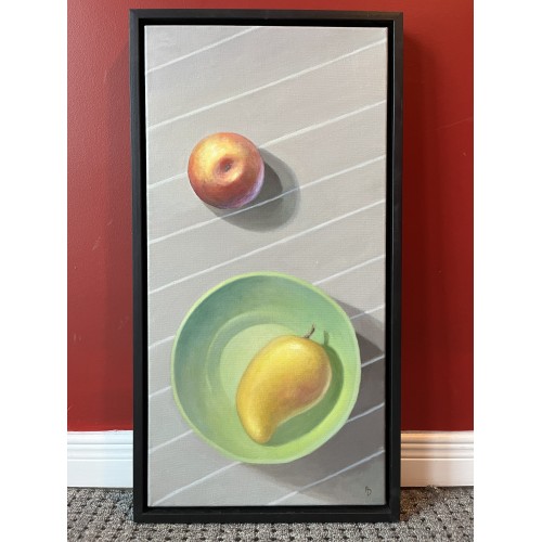 Original Painting Apple and Mango in Green Bowl by Adele Derkowski